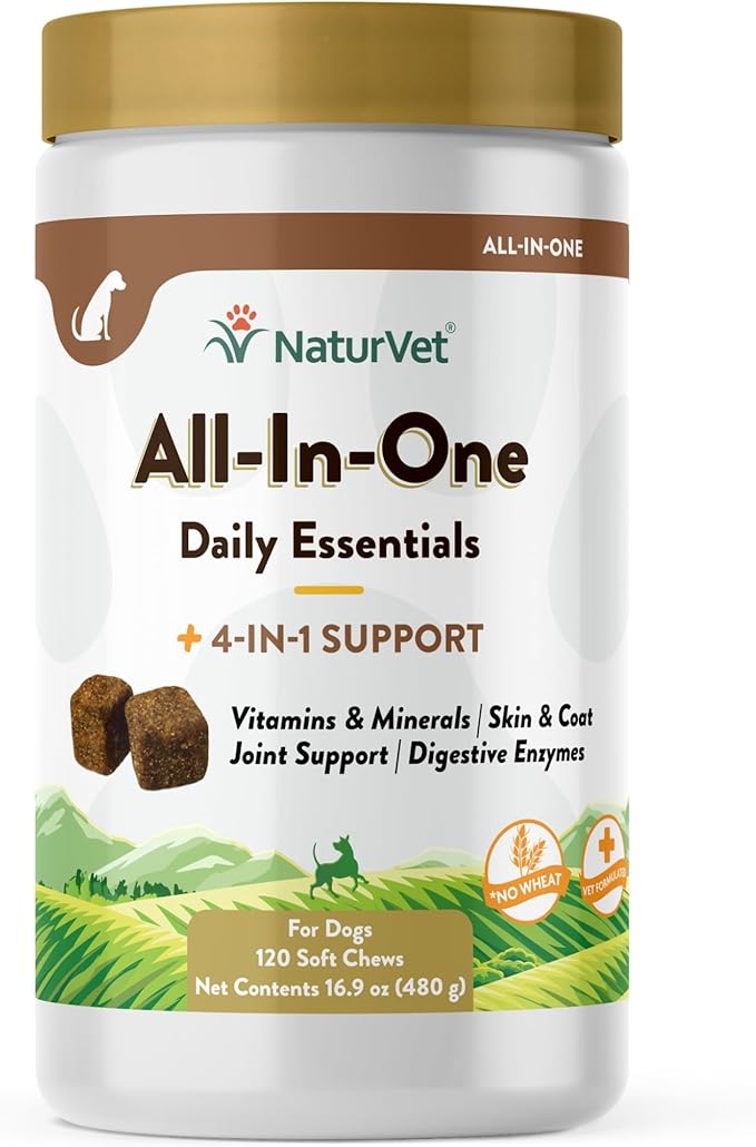 NaturVet All-in-One Dog Supplement - for Joint Support, Digestion, Skin, Coat Care – Dog Multivitamins with Minerals, Omega-3, 6, 9 – Wheat-Free Vitamins for Dogs – 120 Soft Chews-Mewly Pet