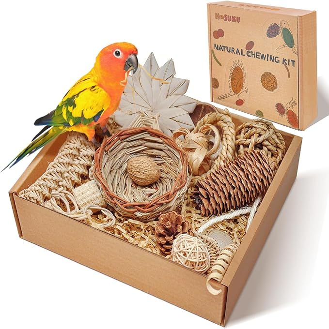 Natural Bird Foraging & Shredding Toys Box - Handmade Rattan Chewing Toys for Parakeets, Cockatiels, Conures, Lovebirds & Small to Medium Birds-Mewly Pet