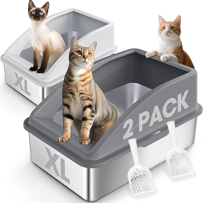 2 Pack Stainless Steel Litter Box | XL Enclosed Cat Litter Boxes with Lid for Big Cats and Multi-Cats | High Sided, Anti-Urine Leakage | Non-Stick Bottom（Multi-Colored）-Mewly Pet