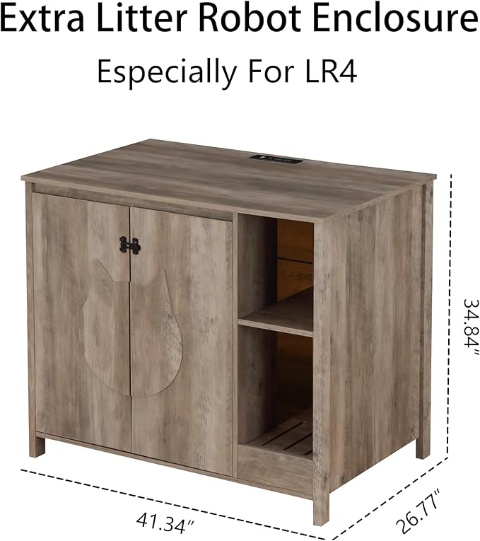 Cat-Faced Doors Cat Litter Robot Enclosure,Automatic Litter Box Enclosure for Litter Robot 3/4,Power Outlet for Litter Robot Cabinet,Litter Collector,Dog-Proof Adjustable Shelf,Grey-Mewly Pet