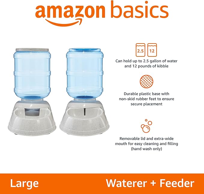 Amazon Basics Automatic Dog Cat Water Dispenser Gravity Feeder and Waterer Set, Large, 12-Pound Food Capacity, 2.5-Gallon, Gray-Mewly Pet