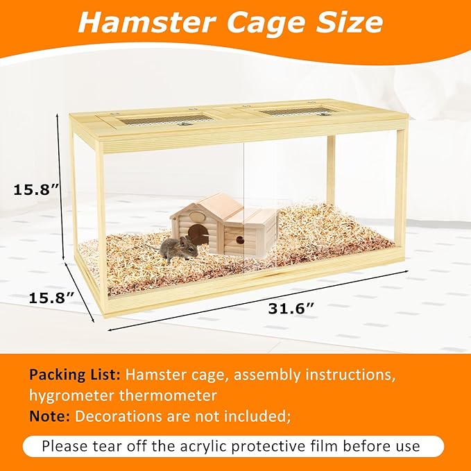 32" Hamster Habitat Enclosure, Lockable Sliding Door Gerbil Cage, Dwarf Hamster Cage with Metal Mesh Roof, Chewproof Syrian Hamster Cage for Mice, Small Animal, (Wooden, 32" L x 16" W x 16" H)-Mewly Pet