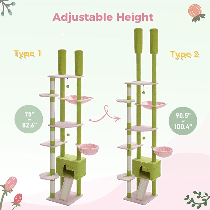 PEQULTI Tall Cat Tree Floor to Ceiling Cat Tower Adjustable Height (90.5''-100.4'' = 230cm-252cm) with Cat Condo, Cozy Hammock and Scratching Post, Pink Flower Climbing Tree for Indoor Cats, Pink-Mewly Pet