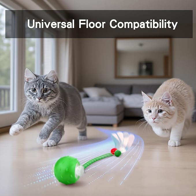 Interactive Cat Toys Ball for Indoor Cats, Automatic Agile Rolling Cat Ball with Elastic Mesh Tail, Bird Chirping & Motion Activated, 2 Tail Accessories, Kitten Toy for Bored (Green)-Mewly Pet