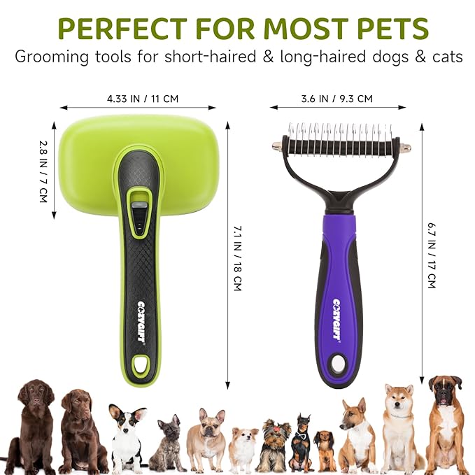 Dog Brush Kit – 3 PCS Grooming Set with Self-Cleaning Brush, Undercoat Rake & Pet Bath Brush. Great for Shedding, Tangles & Dirt Removal – Ideal for Long & Short Haired Dogs & Cats, Green-Mewly Pet