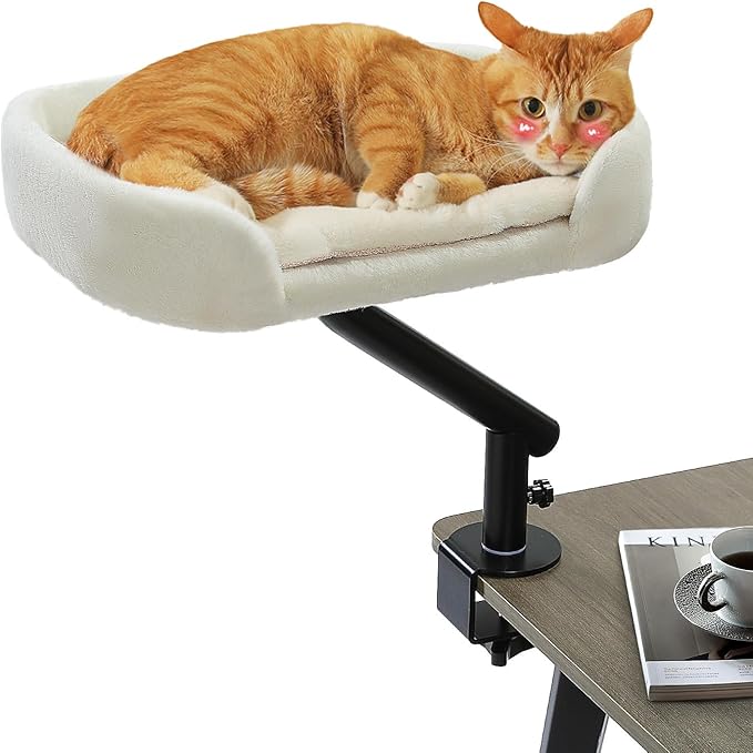 PAWZ Road Cat Desk Bed for Indoor Cats, Cat Bed for Desk Supports Up to 50 lbs, 360° Rotation & Adjustable, Nest Desktop Attachment Cats Hammock for Table, White-Mewly Pet
