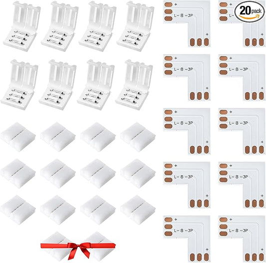 JACKYLED 8mm 3-Pin LED Connectors for LED Strip Lights, Total 22Pcs Corner Connectors Kit for Unwired Gapless Solderless Adapter Extension - 8mm 3pin 10 Pack