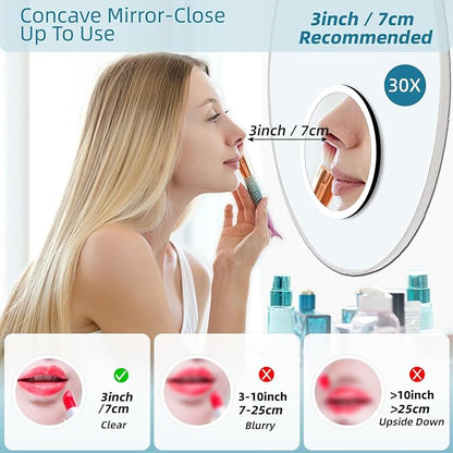 30x Magnifying Mirror with Light, Large 6" Rechargeable Lighted 30x Magnified Mirror with Suction Cups & Table Stand, 3 Color Modes Dimmable Light up Travel Magnifying Makeup Mirror High Magnification