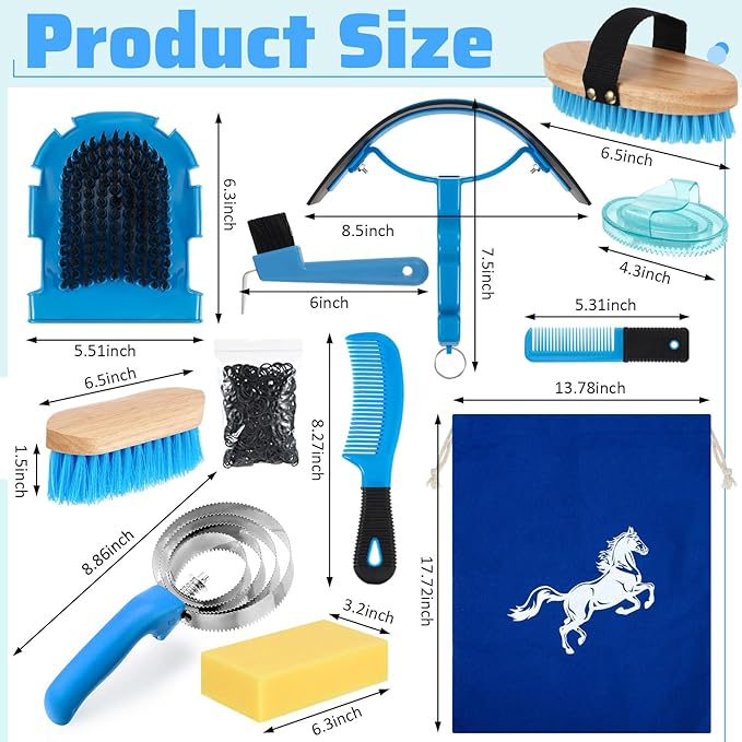 Abbylike 12 Pieces Horse Grooming Kit Racing Festival Tack Room Supplies Horse Brush Sets Equine Care Cleaning Kit Shedding Grooming Massaging Tools(Blue)-Mewly Pet