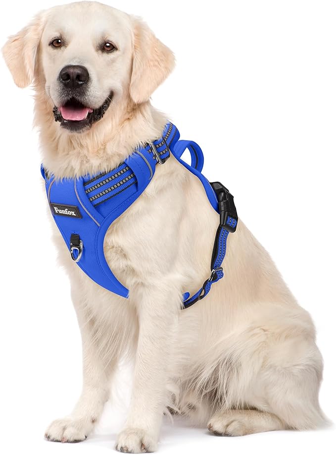Funfox Dog Harness No Pull, Adjustable Pet Vest Harness, Super Soft Material with Vertical Handle Easy Control, Reflective Night Walking, 2 Leash Clips for Large Dogs, Blue, L-Mewly Pet