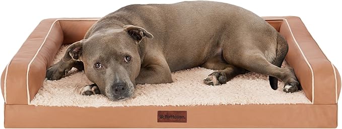 FurHaven Orthopedic Dog Sofa Bed – Memory Foam Couch with Bolsters, Textured Plush & Water-Resistant Cover, Washable Cover, Joint Support - Camel, Large-Mewly Pet
