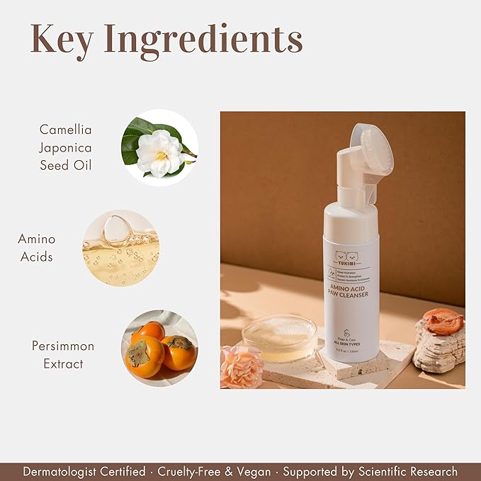 YUKIMI Premium Amino Acid Paw Cleanser with Silicone Bristle Brush for Dogs & Cats | Dermatologist Certified Hypoallergenic | Hydrating, Soothing, Deodorizing, Moisturizing | pH Balanced - 5.0 Fl Oz-Mewly Pet