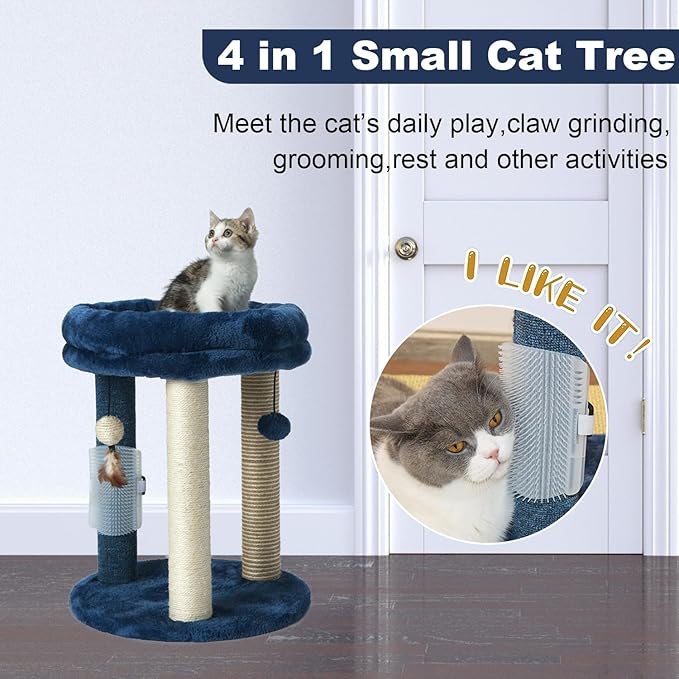 MECOOL Cat Scratching Post Tree with Tower Soft Bed.Natural Quality Sisal Carpet Jute Scratch Posts with Three Hanging Ball Toys and Massage Brush for Indoor Cats and Kittens Blue-Mewly Pet