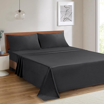 Mejoroom Striped Queen Size Sheet Set - Hotel Luxury 1800 Bedding Sheets & Pillowcases - Deep Pocket Fitted Sheet, Soft, Breathable, Wrinkle & Fade Resistant - 4 Piece (02-Black)