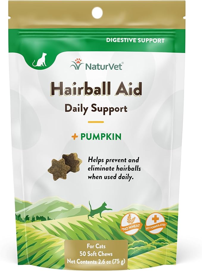 NaturVet Hairball Remedy Vitamin & Digestive Aid Supplement for Cats – Pet Health Supplement for Cat Hairballs, Digestive System Support – Includes Pumpkin, Vitamins – 50 Ct.-Mewly Pet
