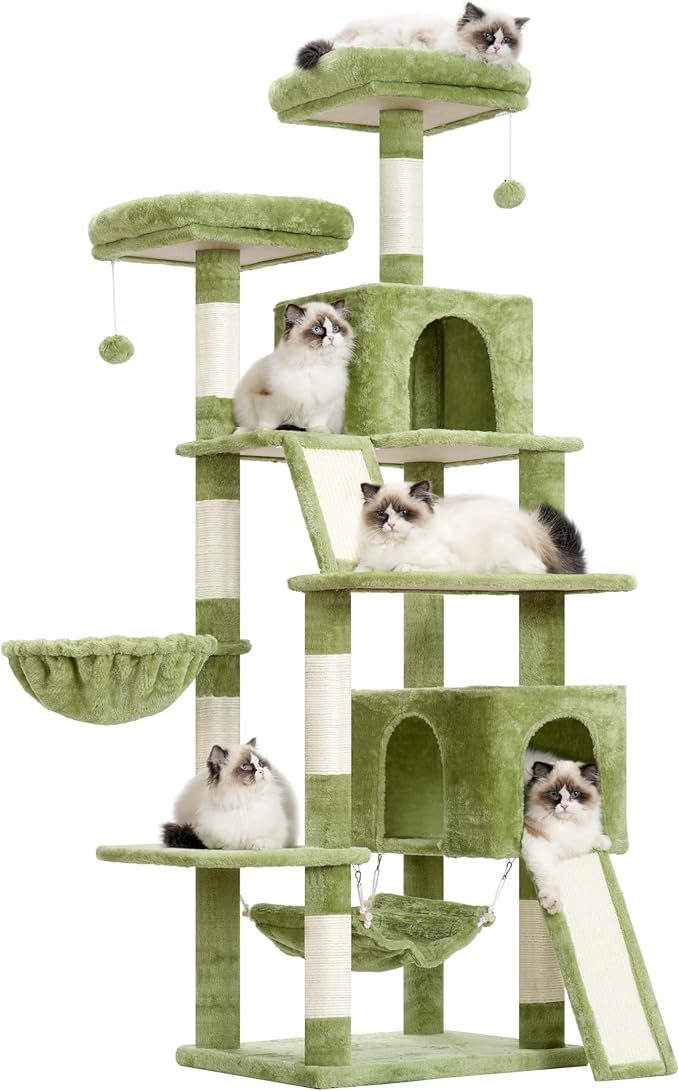 Cat Tree for Indoor Cats, 71'' (180cm) Multi-Level Cat Tower for Large Adult, Sturdy Cat Tree House with 2 Scratching Boards 7 Posts, 2 Plush Perches/Condos, Hammock, Green GCT032GR-Mewly Pet