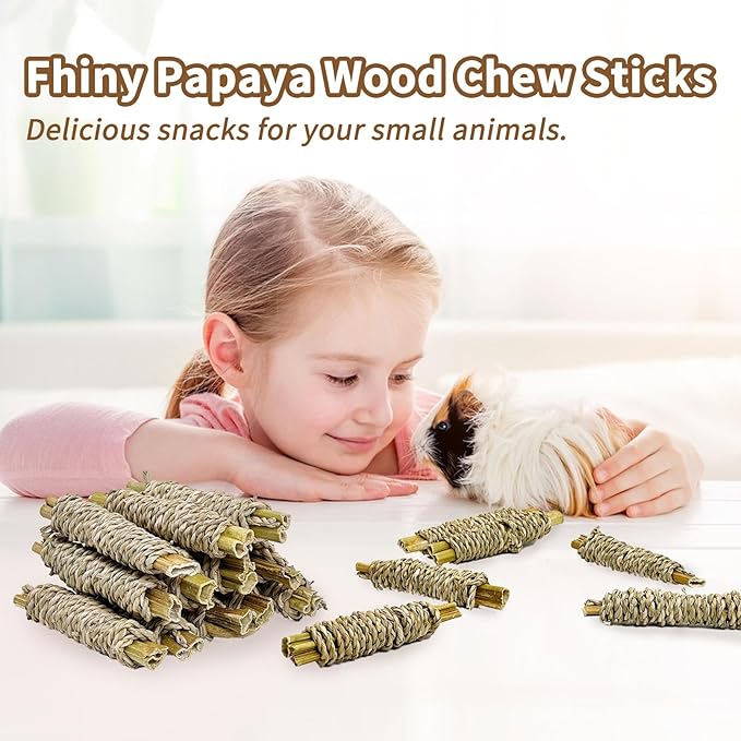 Fhiny 12 PCS Rabbit Chew Sticks, Natural Papaya Wood Seagrass Guinea Pig Chew Toys for Teeth Small Animal Molar Sticks Snacks for Bunny Guinea Pig Chinchilla Ferret Hamster Gerbil Dental Care-Mewly Pet