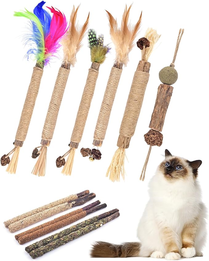 TINDTOP Silvervine Chew Sticks for Cats, 12 Pack Natural Catnip Chew Toys for Kittens Teeth Cleaning, Matatabi Dental Care, Increase Appetite, Calm Cat Anxiety and Stress, Cat Dental Toy-Mewly Pet