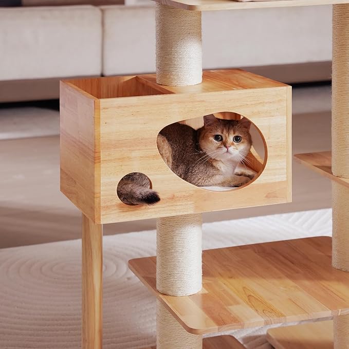 Wood Cat Tree for Indoor Cats, Modern Cat Tower, Unique Cat Condo with House, Tall Luxury Furniture with Heavy Duty Wide Base, Kraft Paper Rope Scratching Post, Removable Cushion (96.5-118.1 inch)-Mewly Pet