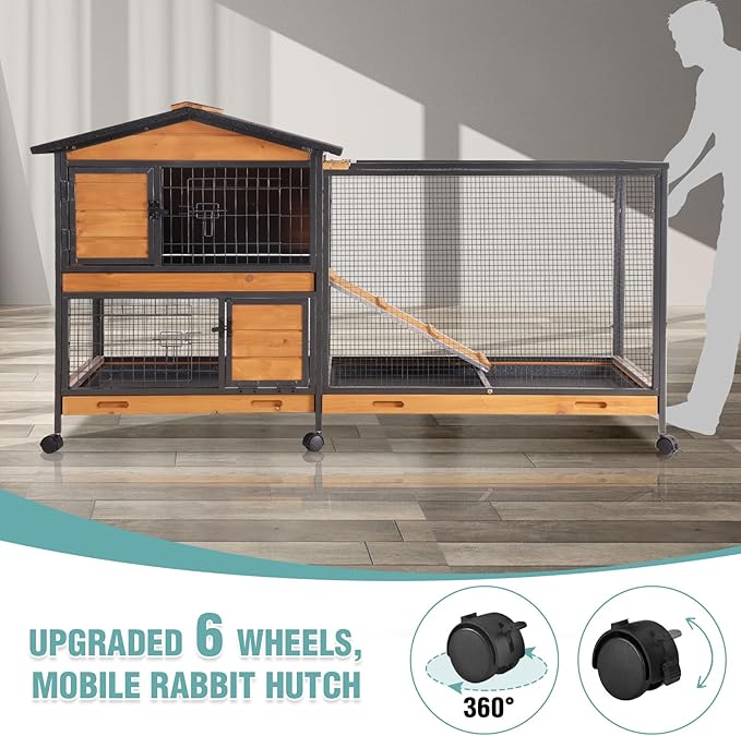 2-Story Rabbit Cage with Chew-Proof Metal Frame for Indoor/Outdoor - 62" Bunny Hutch Guinea Pig Cages with 6 Locking Wheels & 2 Removable Trays for Rabbits/Guinea Pigs-Mewly Pet