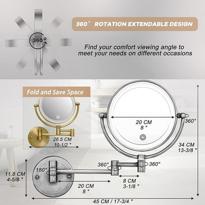 Wall Mounted Makeup Mirror with Light and Magnification, 7W Higher Brightness and Dimmable 1X/10X Double Sided Wall Magnified Mirror, Extending Vanity Mirror for Bathroom, Antique Brass Direct Wire
