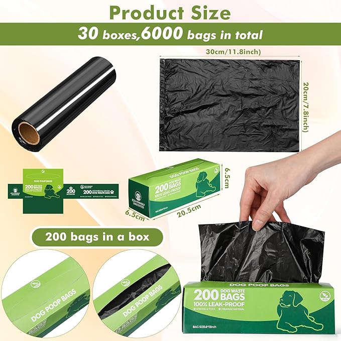 Harloon 6000 Counts Dog Poop Waste Bags 30 Rolls Extra Thick Strong Leak PET Proof Bags Disposable Bulk Universal Doggy Roll Waste Box for Puppy Outdoor Walking Travel(Black,12 x 8 Inches)-Mewly Pet