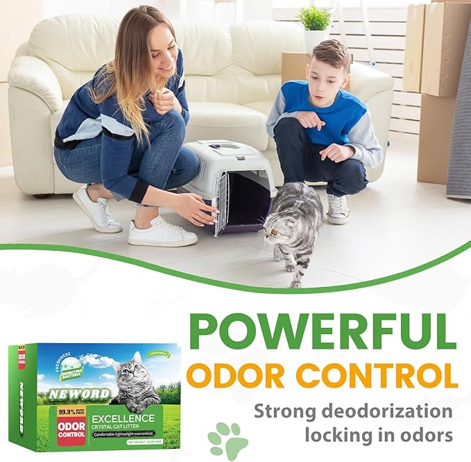NEWORD Crystals Cat Litter Superior Odor Control 14 lbs Total (2 Pack of 7lb Bags) Soft-On-Paws Low Tracking Dust-Free Green Silica Gel, Aloe Vera Fragrance-Mewly Pet