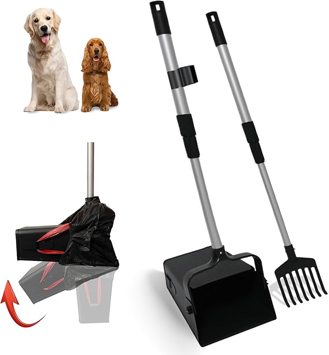 Pooper Scooper Metal 38" Long Adjustable Handle Swivel Bin & Rake for Large & Small Dogs Non-Breakable Dog Poop Scooper Easy to Clean Pet Waste Use on Grass, with 20 Waste Bags-Mewly Pet