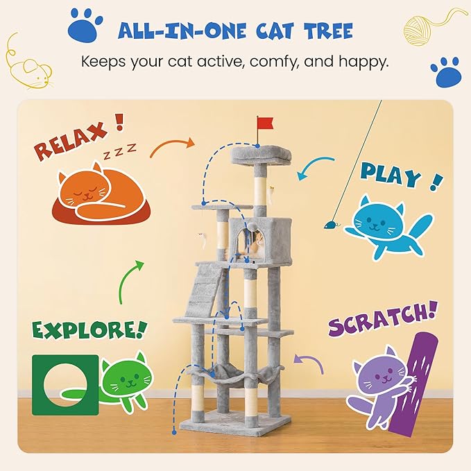 MWPO 63.8 inches Multi-Level Cat Tree for Large Cats with Sisal-Covered Scratching Posts, Padded Platform, Hammock and Condo,Stable Cat Tower Cat Condo Pet Play House-Light Gray-Mewly Pet