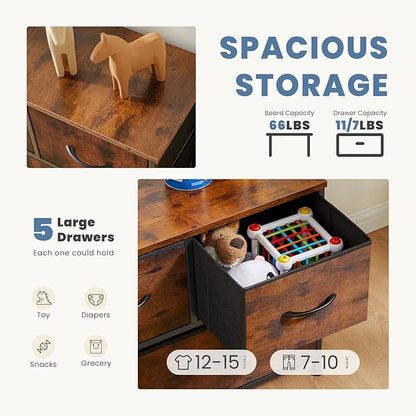 DUMOS Dresser for Bedroom, 5 Storage Drawers, Wide Fabric Closet Chests Organizer Tower Furniture with Wooden Top Metal Frame for Clothes, Guest Room, Living Room, Hallway, Entryway