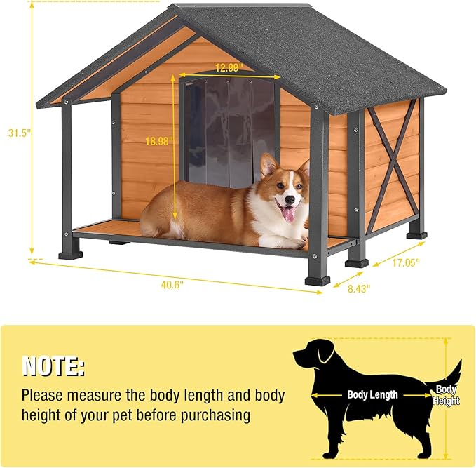 Aivituvin Dog House with Anti-Chewing Metal Frame Outdoor Large Wooden Dog Kennel Outside with Overhang Roof Large Porch Weatherproof-Mewly Pet