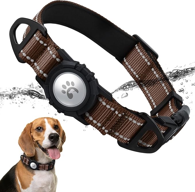 TagME Airtag Dog Collar,Waterproof Reflective Pet Collar with Airtag Holder,Soft Padded and Double D-Rings for Medium Dogs,Brown-Mewly Pet