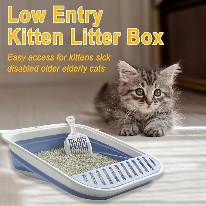 Kitten Training Litter Box, Collapsible Low Entry Kitten Litter Box Shallow LitterBox Senior Cats Anti-Splashing Open Potty Pan Scoop Leak-Proof Pedal Cat Toilet No Smell Easy Clean-Mewly Pet