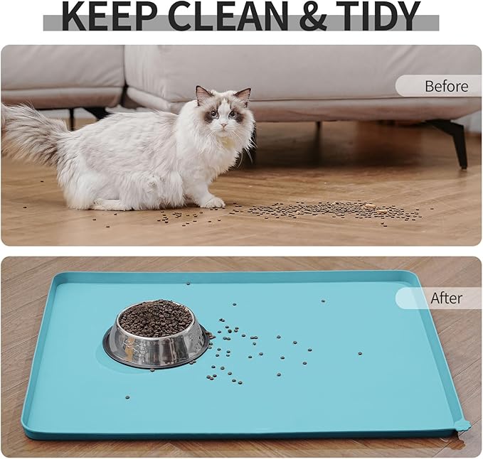 Waterproof Pet Feeding Mat with High Raised Edges, Heavier and Thicker Placemats for Cat Dog Water Bowl with BPA Free, Dogs Cats Food Mats for Messy Drinkers to Prevent Spill and Protect Floors-Mewly Pet