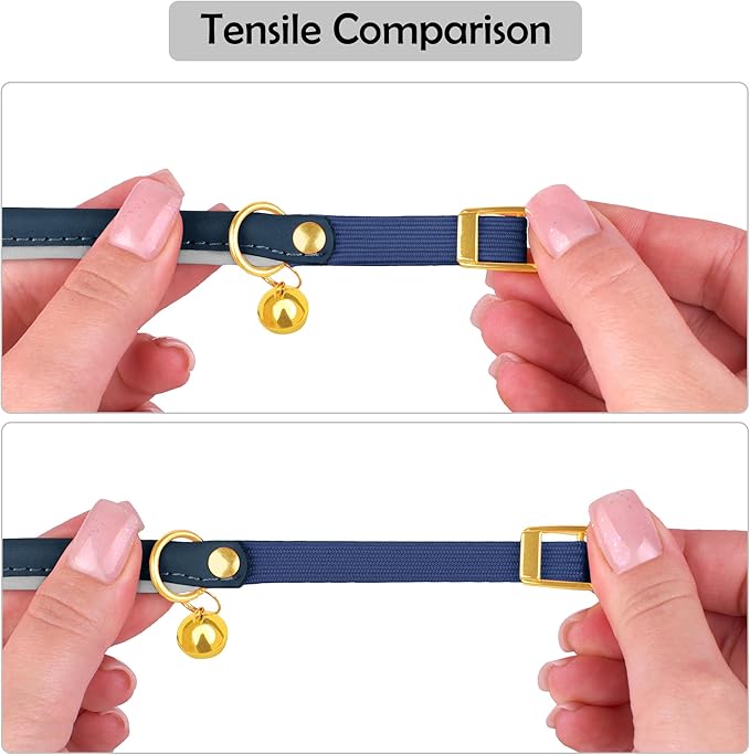 OOPSDOGGY Rolled Leather Cat Collar with Bell - Reflective Kitten Collar with Safety Elastic Strap - Adjustable Small Pet Collars for Boy Girl Cats (Blue)-Mewly Pet