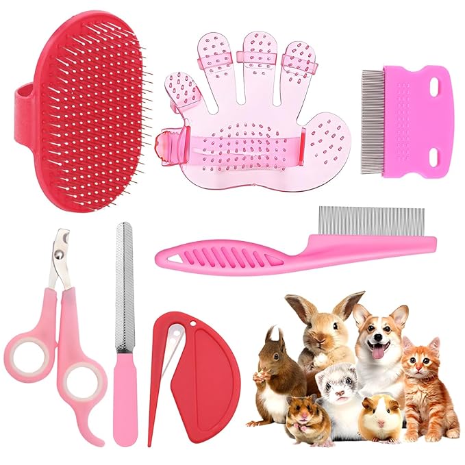 Rabbit Grooming Kit – Bunny Grooming Kit with Shedding Brush, Nail Clippers & Comb – Small Animal Grooming Supplies for Rabbits, Guinea Pigs, Hamsters, Ferrets - Small Pet Shedding & Care (Pink)-Mewly Pet