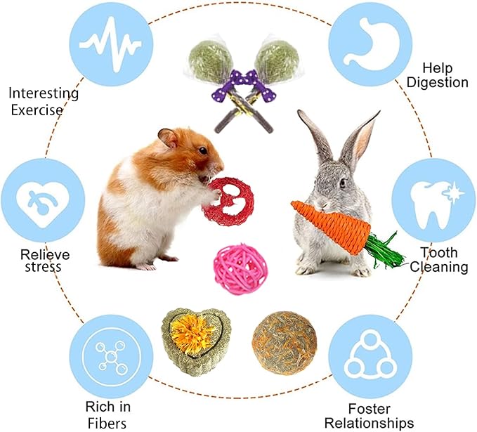 Grddaef 18 PCS Bunny Toys, Rabbit Toys Guinea Pig Toy Natural Apple Wood Grass Timothy Sticks Chew and Treat for Guinea Pigs Hamster Chinchillas-Mewly Pet