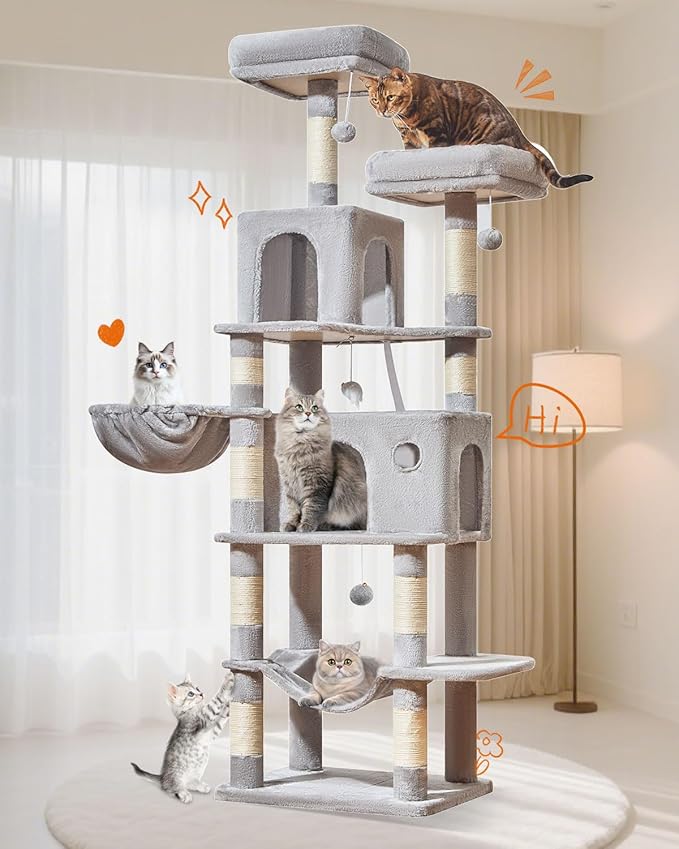 Taoqimiao Large Cat Tree，73-Inch Cat Tree Tower with 9 Scratching Posts for Indoor Cats, 2 Large Cat Condo with Hammock, Hanging Basket, 2 Extended Platform, Light Gray MS013XLW-Mewly Pet