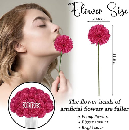 36 Pcs Artificial Chrysanthemums Flowers Hot Pink Flowers Fake Mums Silk Flowers for Christmas Wedding Floral Table Centerpiece Home Decor