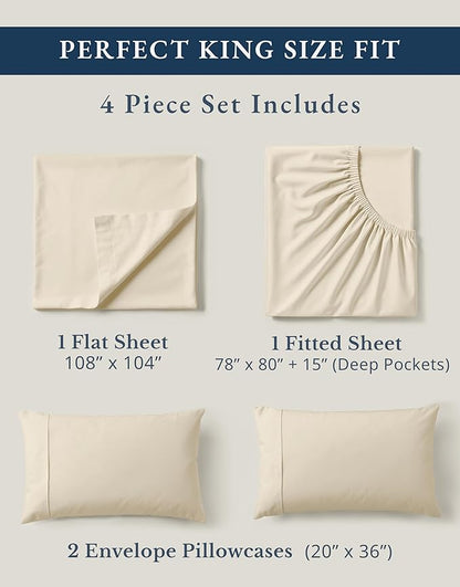 LANE LINEN 100% Organic Cotton Sheets King Size - 4 Pc Bed Sheets King Size, Soft & Breathable Cotton Sheets Set, Percale Sheet & Pillowcase Sets, deep Pocket Sheets Set - Natural