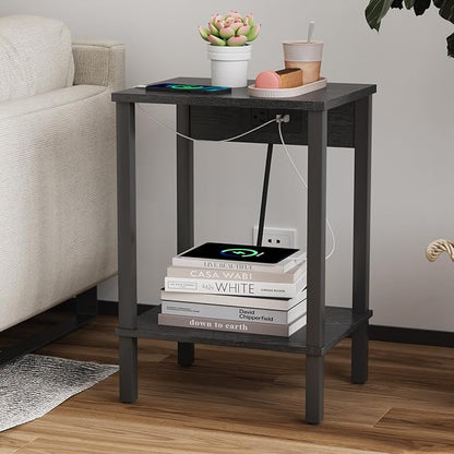 VIMBER Set of 2 End Table with Charging Station, Narrow Side Table with USB Ports and Outlets, Nightstands with 2-Tier Storage Shelves, Sofa Table for Small Space Living Room Bedroom