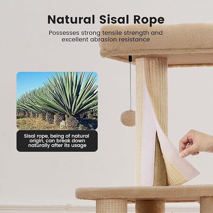 Gardner Pet 65in Heavy Duty Cat Tree Tower for Large Cats, Multi-Level Cat Furniture with Replaceable Sisal Scratching Post, Hammock | Extra-Large Platform & Condo (Upgraded Beige)-Mewly Pet