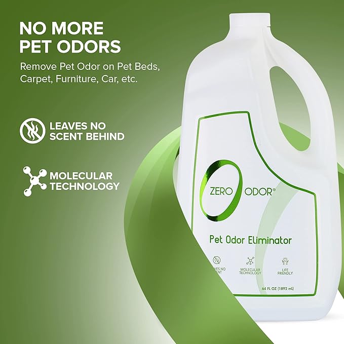 Zero Odor - Pet Odor Eliminator for strong odor, Eliminate Air & Surface Odors – Patented Molecular Technology Best For Carpet, Furniture, Beds Smell Great Again, 64oz Refill-Mewly Pet