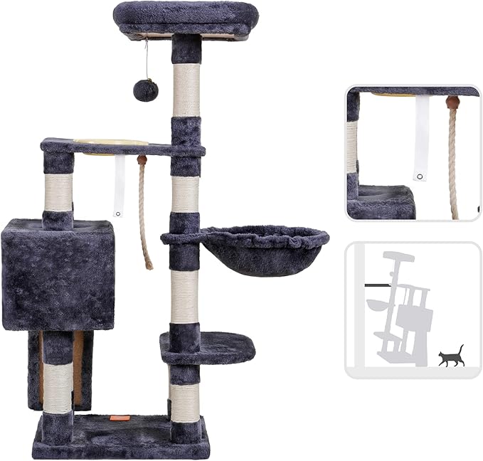 Heybly Cat Tree, Cat Tower for Indoor Cats with Scratching Board, Multi-Level Cat Furniture Condo with Feeding Bowl Smoky Gray HCT010SG-Mewly Pet