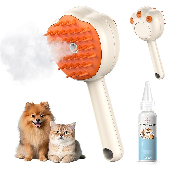 Steam Cat Brush, 6-in-1 Dog Brush Spritz Defur Comb with Pet Waterless Shampoo, Steamy Skin Friendly Deshedding Grooming Tool, Suitable for Shedding & Haired Pets, Pet Supplies Accessories, Yellow-Mewly Pet