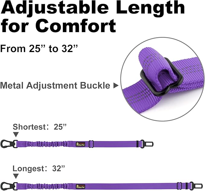 Plutus Pet Dog Seat Belt for Car, Adjustable Dog Car Harness with Carabiner Clip, Reflective Safety Dog Seatbelt Leash with Elastic Bungee, Purple