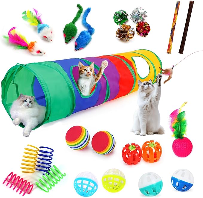 iCAGY 25-Piece Cat Toys Kit with Rainbow Tunnel - Interactive Cat Toy Bundle for Indoor Cats, Kitten Playtime Variety Set Includes Feather Teaser, Springs, Balls, Mice & Noise Toys-Mewly Pet