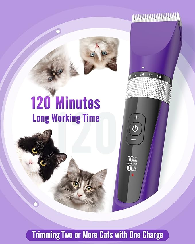 oneisall Cat Grooming Clippers for Matted Long Hair, 5-Speed Cat Grooming Kit Cordless Low Noise Pet Hair Clipper Trimmer Shaver for Dogs Cats Animals (Purple)-Mewly Pet