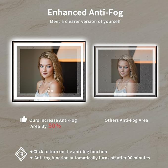 Bathroom Mirror Frame, 48x40 Inch Black Framed Gradient Front and Backlit LED Bathroom Mirror, 3 Colors Dimmable CRI>90, IP54 Enhanced Anti-Fog Wall Mounted LED Mirror
