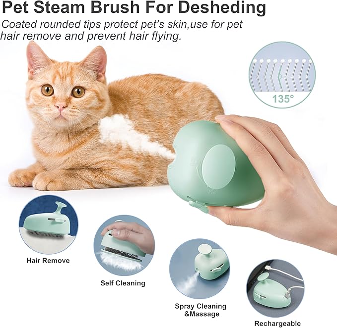 Cat Steam Brush for Shedding,Self Cleaning Cat Brush with Steam,Rechargeable Pet Steam Brush,Mist Brush Comb for Indoor Cats,Cat Hair Brush,Steamy Cat Brush for Short&Long Haired Pets.(Green)-Mewly Pet
